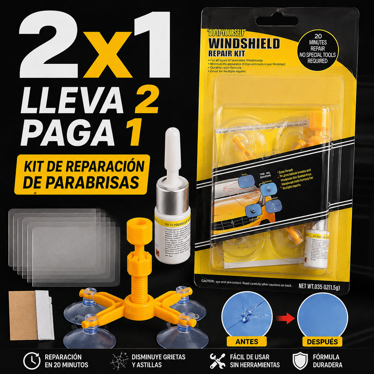 Kit de reparacion de cristal vidrio parabrisas de carro vehiculo 2 POR 1, recibes 2 kit