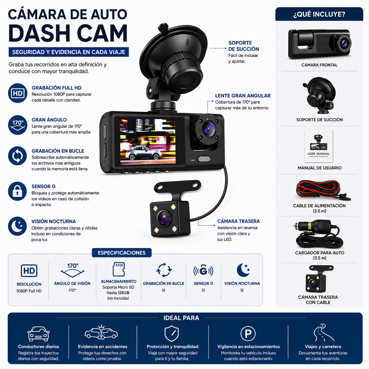 CÁMARA PARA CARRO DASH CAM FULL HD 1080P