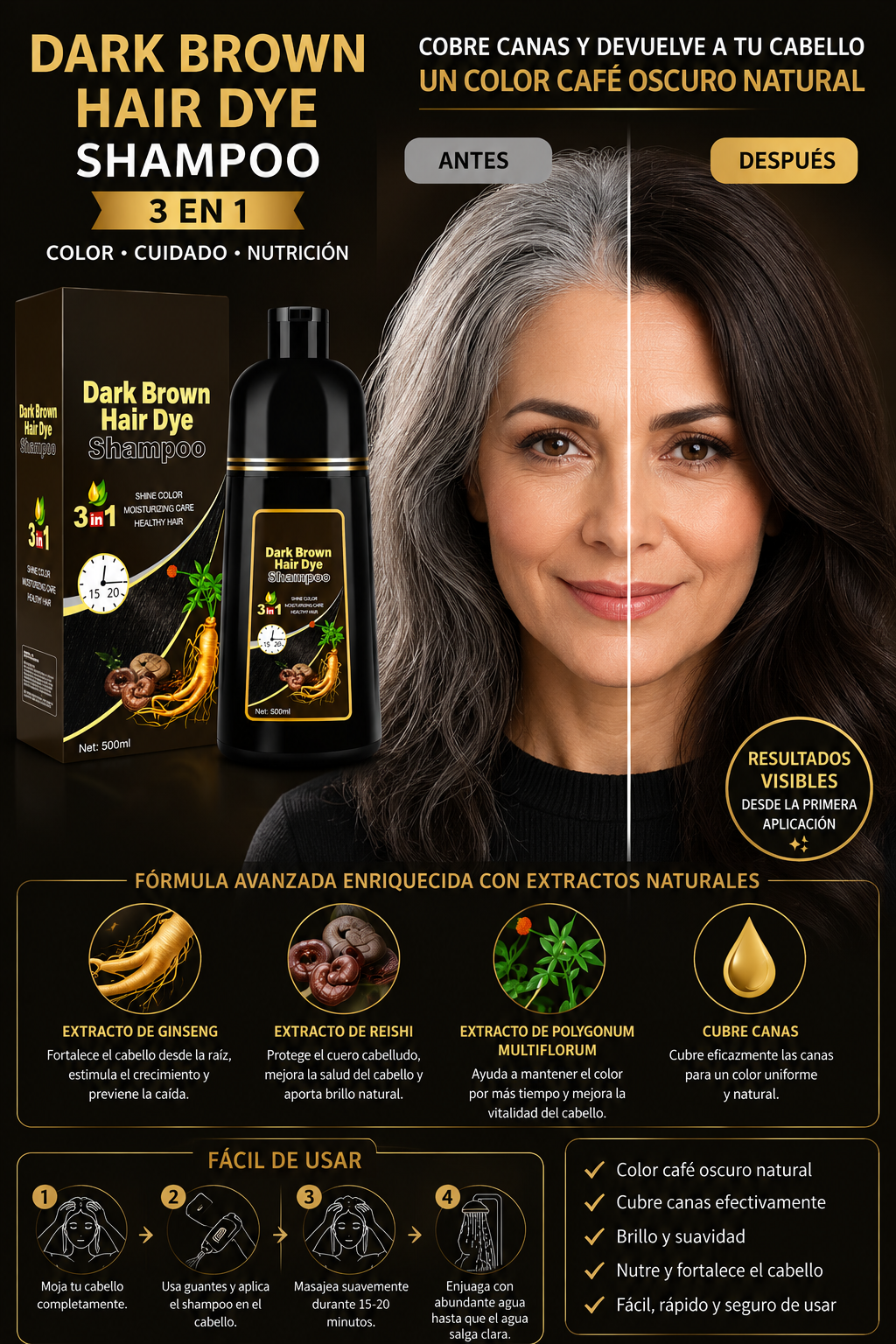Dark Brown Hair Dye Shampoo 3 en 1 Marron