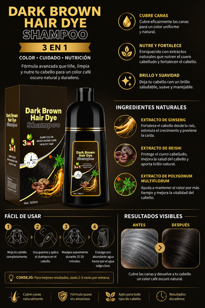 Dark Brown Hair Dye Shampoo 3 en 1 Marron