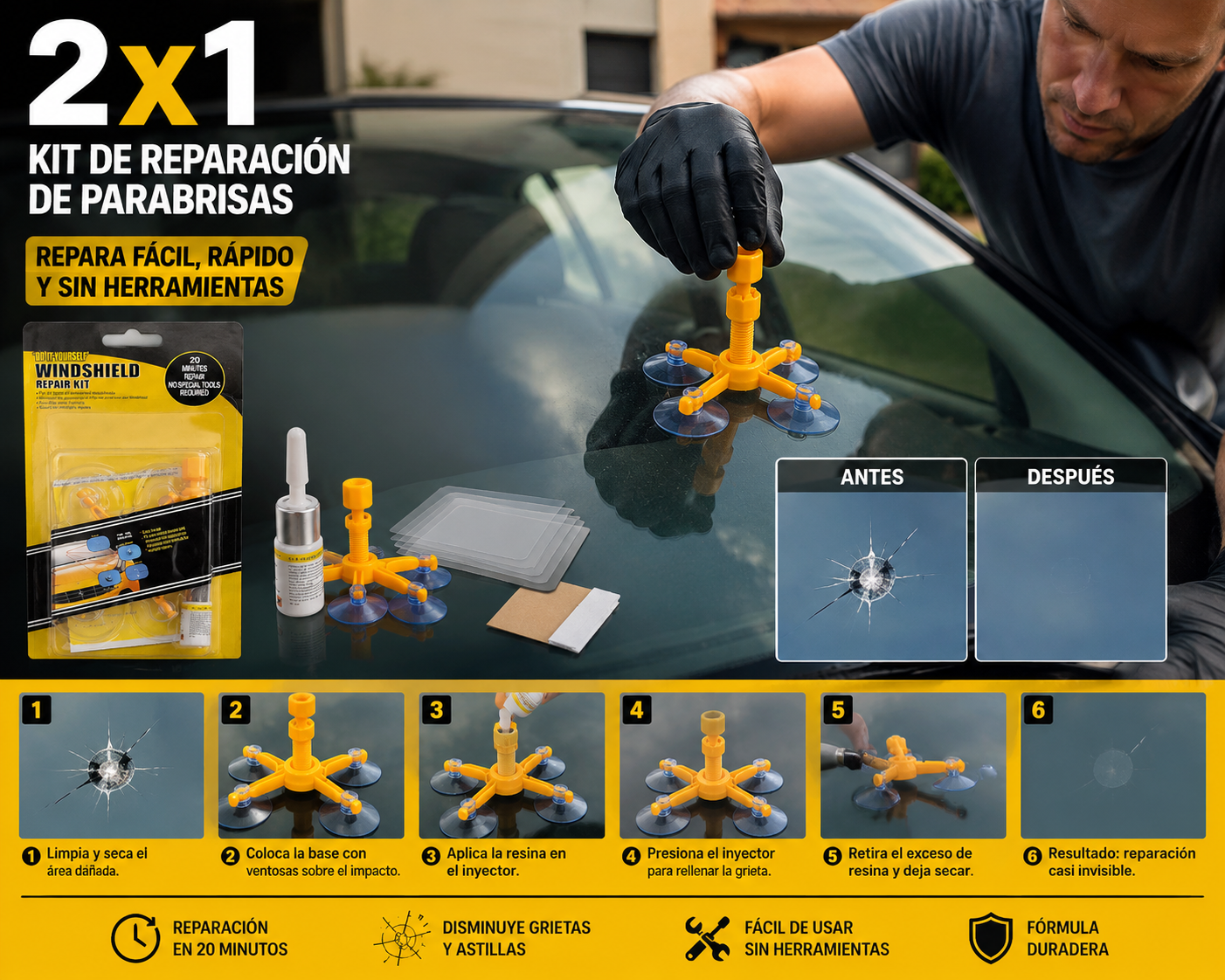 Kit de reparacion de cristal vidrio parabrisas de carro vehiculo 2 POR 1, recibes 2 kit