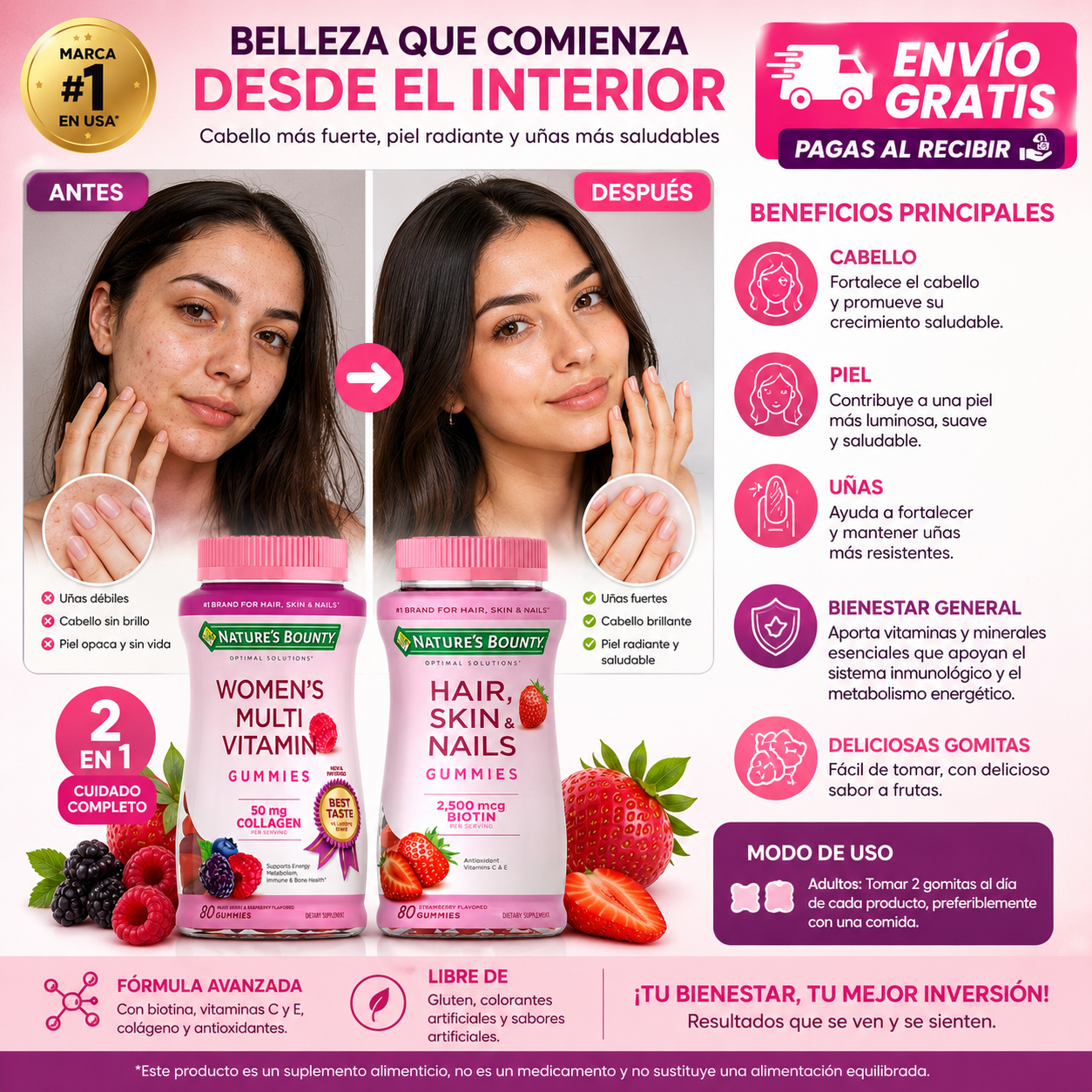 GOMITAS MULTIVITAMINICAS + PELO, PIEL Y UÑAS BIOTIN 2,500MCG 2x1